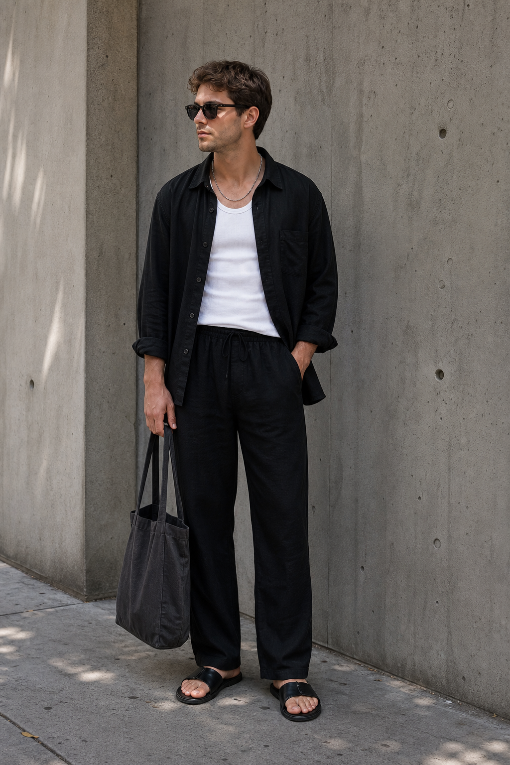 Black linen column outfit reference for photo-based try-on