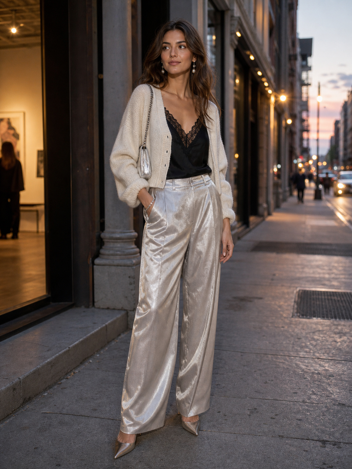 Romantic metallic city outfit for date night, dinner, and event plans