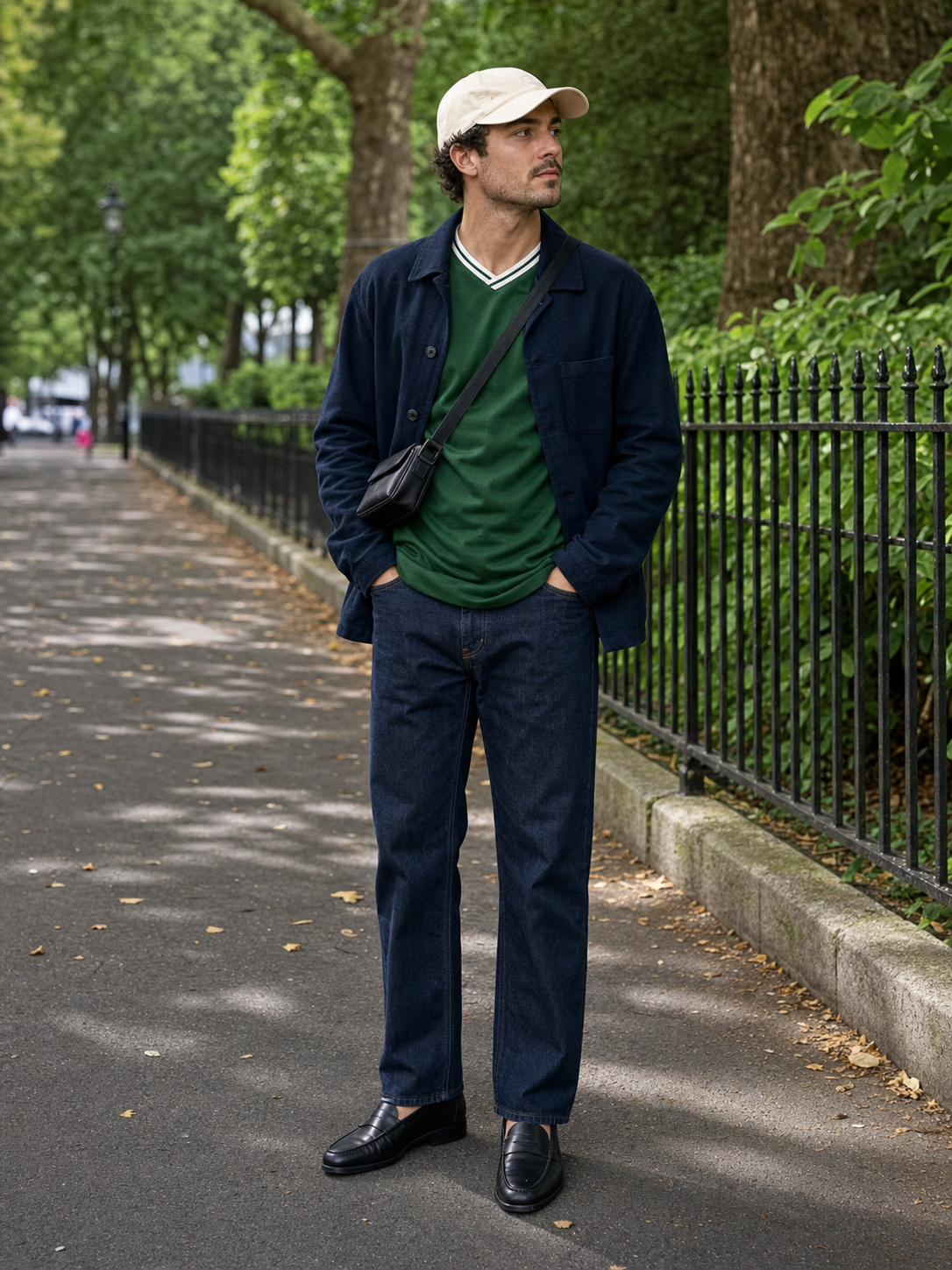 Clean football jersey denim outfit reference for photo-based try-on
