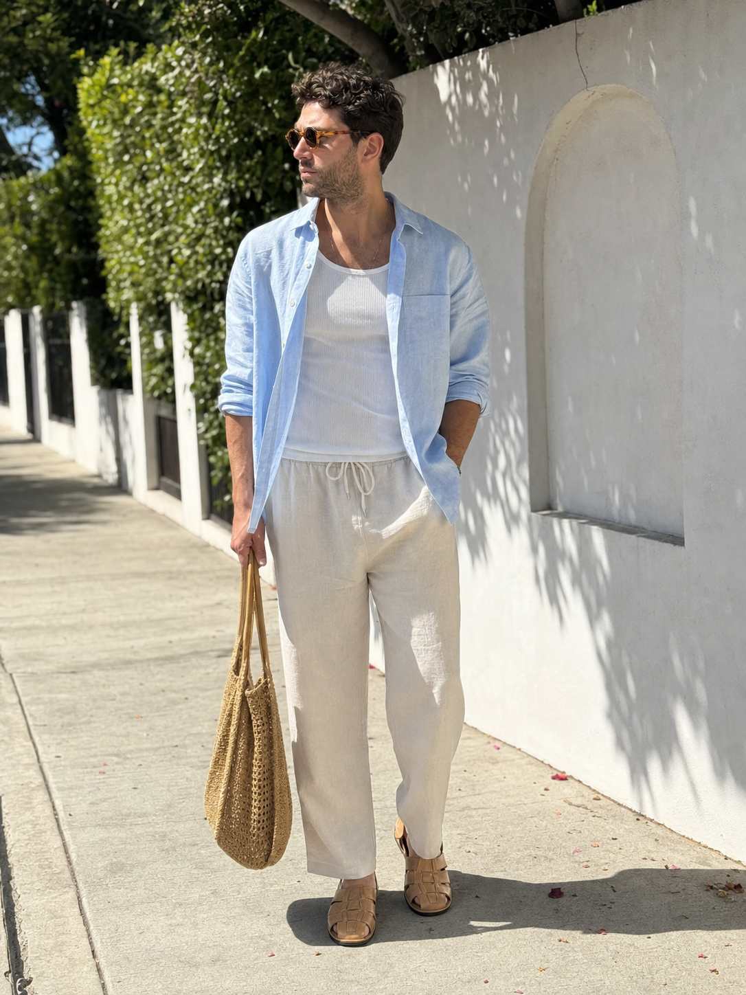 LA coastal linen pants outfit reference for photo-based try-on