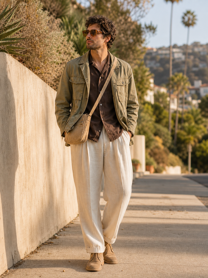 Men's khaki field jacket outfit for warm weekend and travel plans