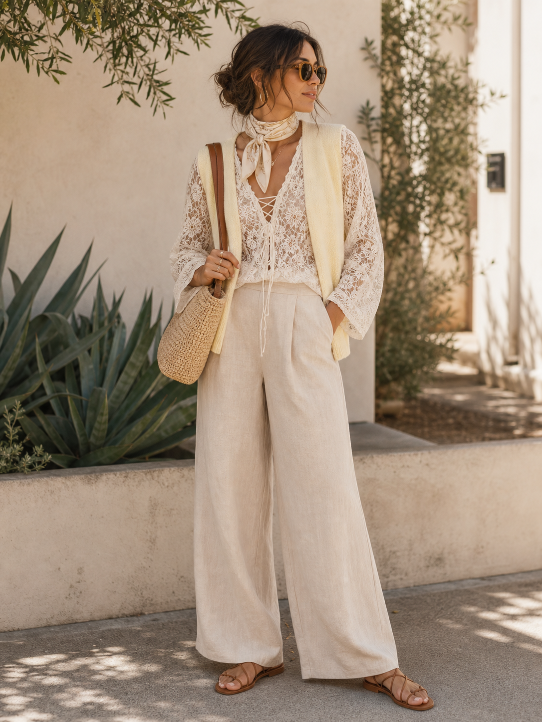 LA laced linen resort outfit reference for photo-based try-on