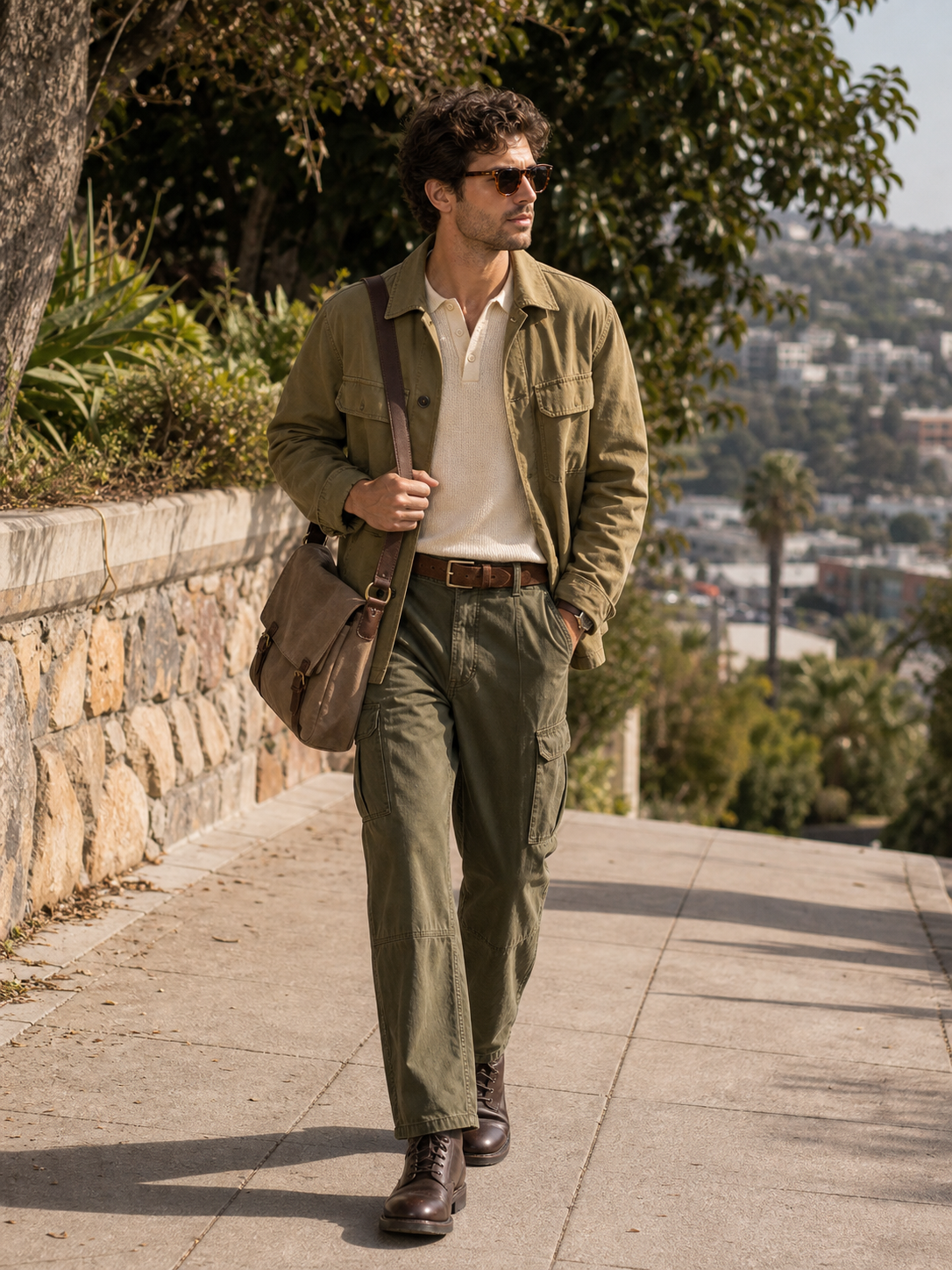 Men's olive jacket outfit with rugged layers for daily and travel use