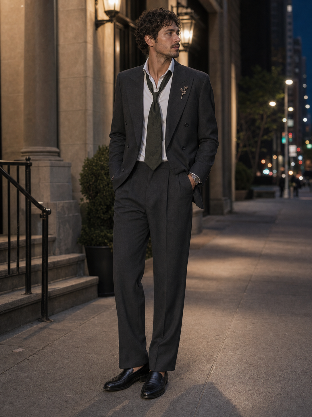 Milan brooch evening suit outfit reference for photo-based try-on