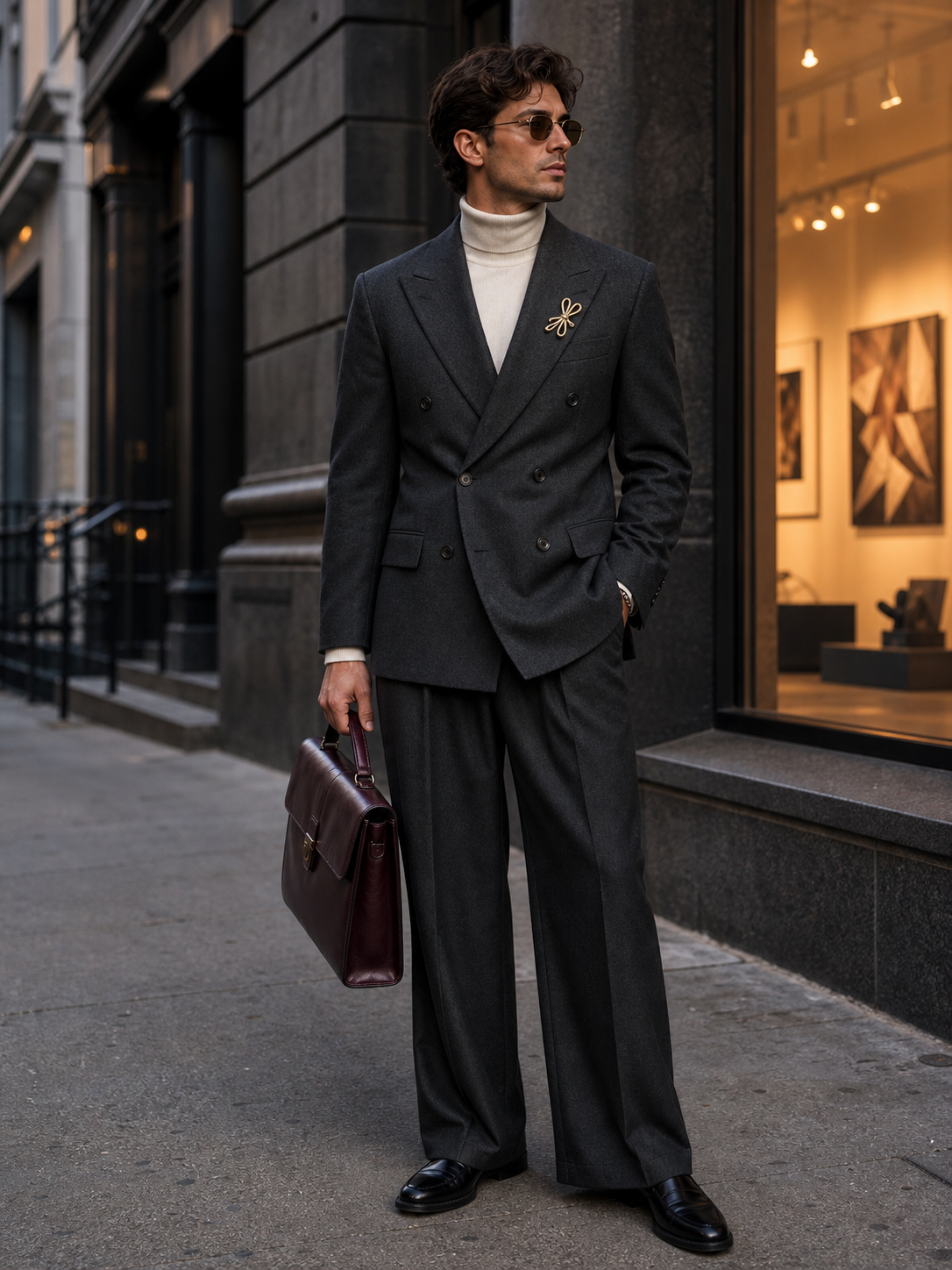 NYC brooched power suit outfit reference for photo-based try-on