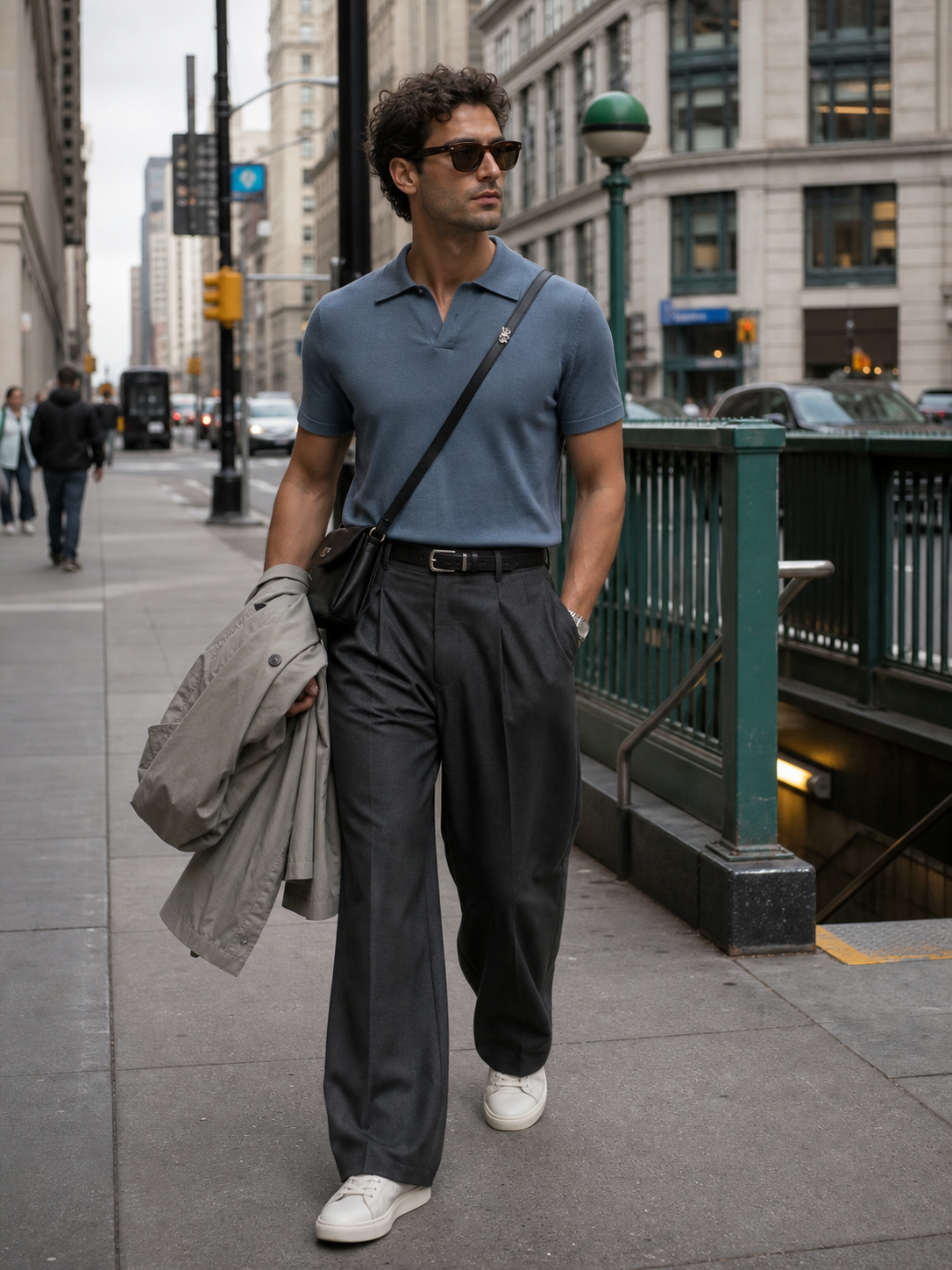 Men's knit polo outfit with sport tailoring for work and weekend use