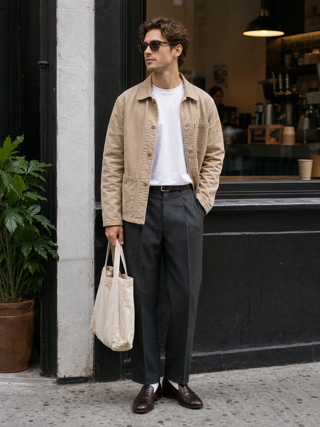 NYC white tee trouser fix outfit reference for photo-based try-on