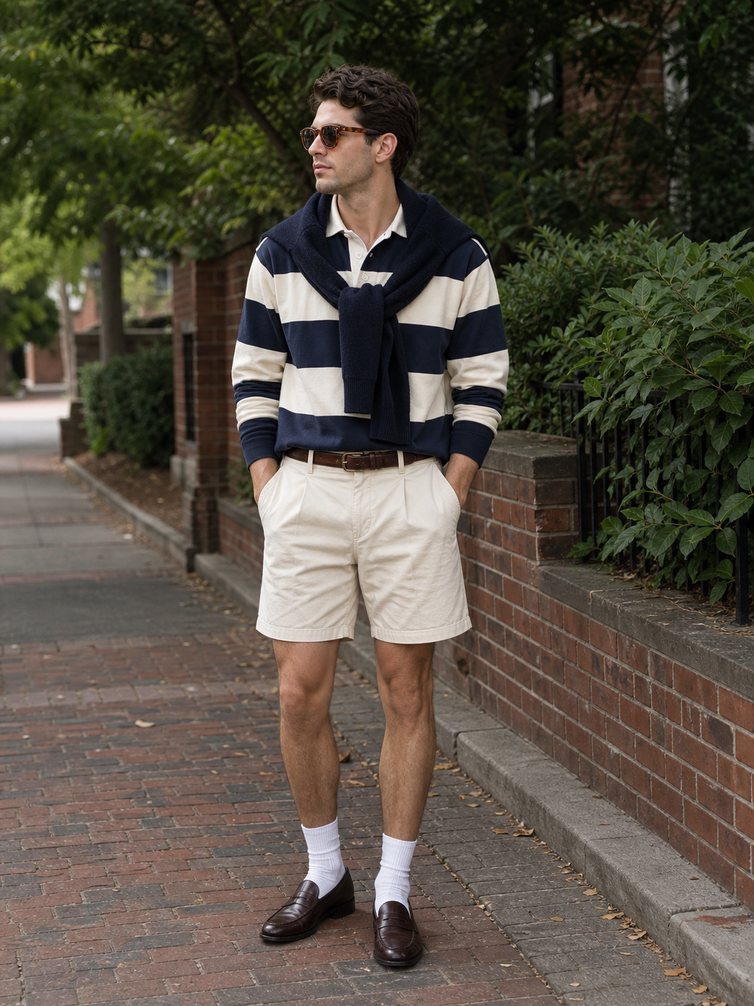 Preppy rugby shorts outfit reference for photo-based try-on