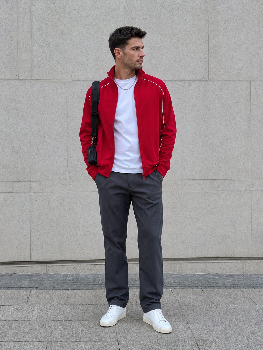 Red track jacket tailored outfit reference for photo-based try-on
