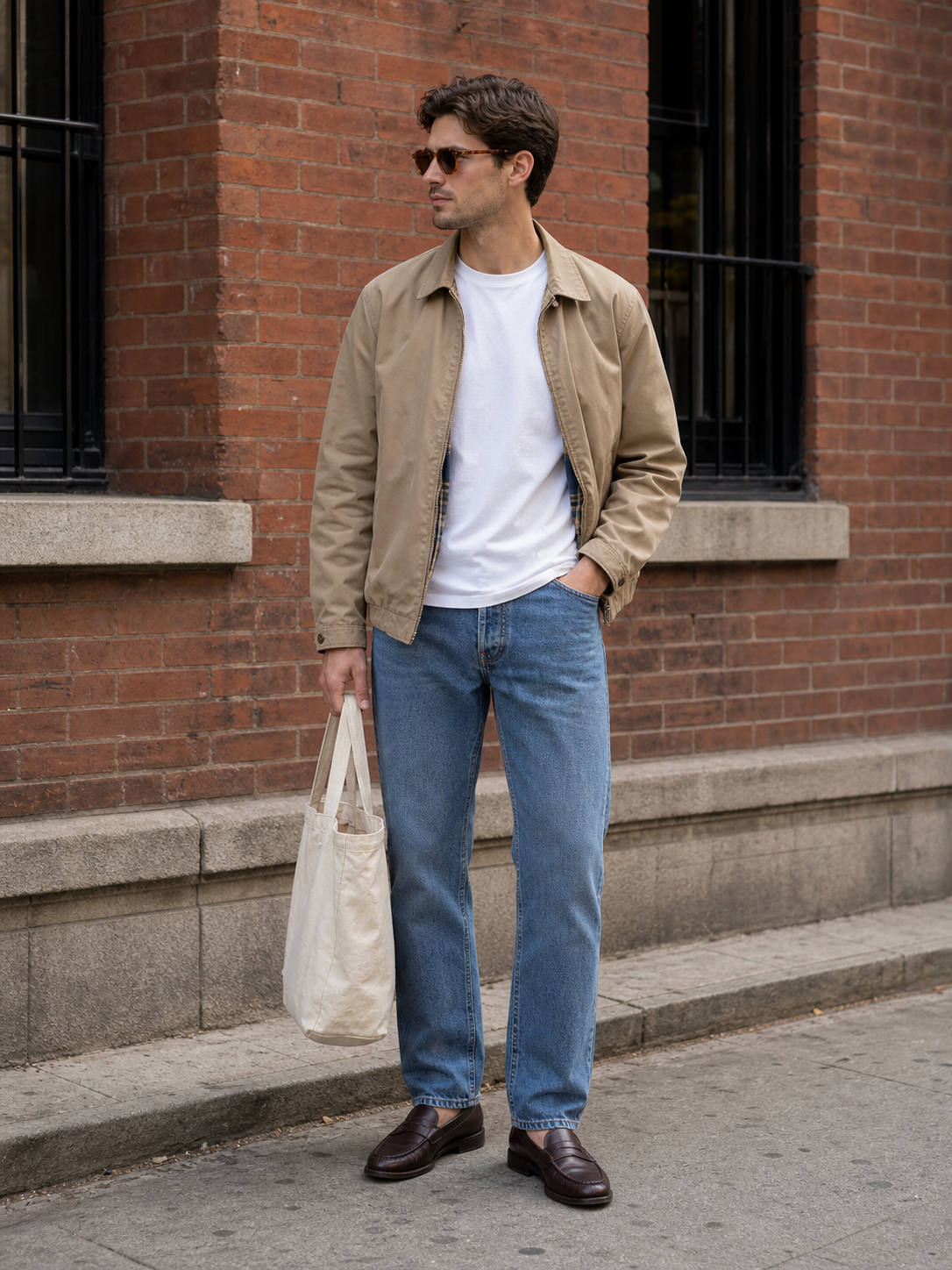 Tan Harrington white tee outfit reference for photo-based try-on