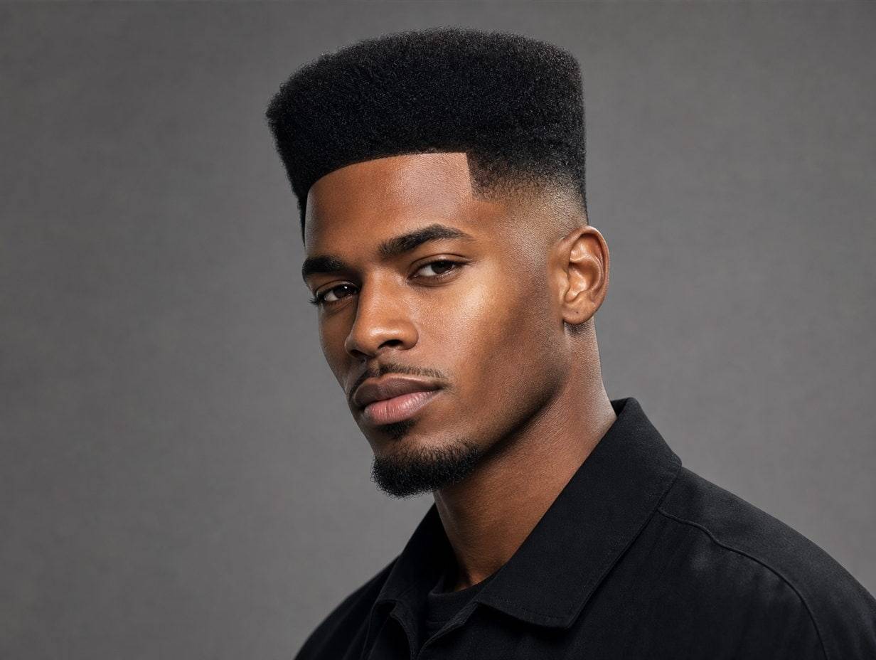 A man with a sculpted high-top fade inspired by 1980s afro silhouettes, clean sides, strong height