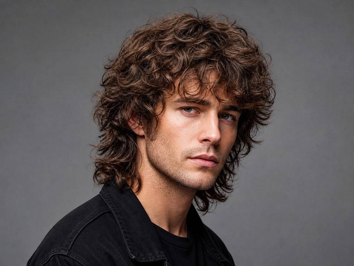 A man with a rocker curly shag haircut, medium layers, messy 1980s inspired volume