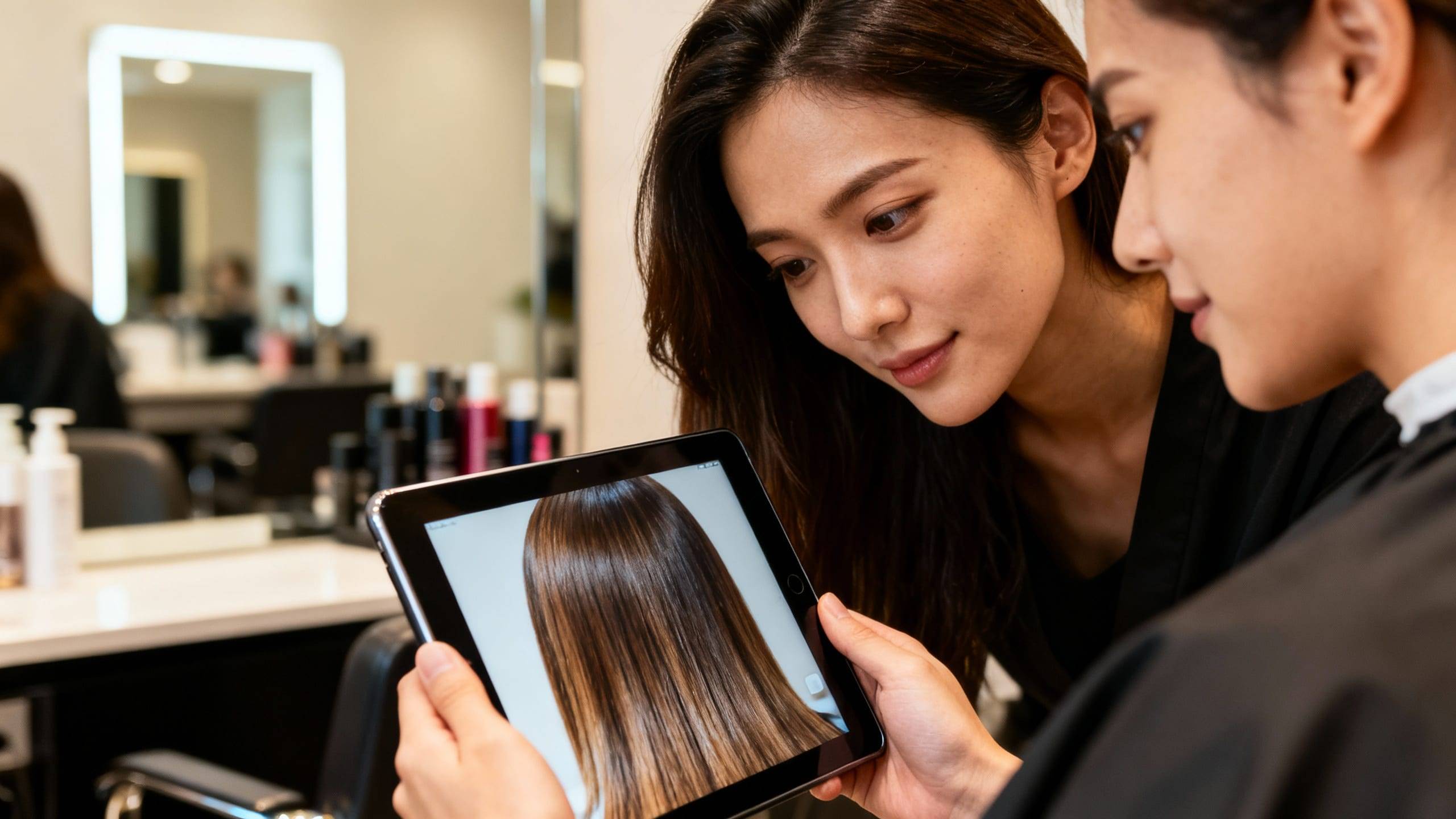 stylist showing a client their hair on a tablet