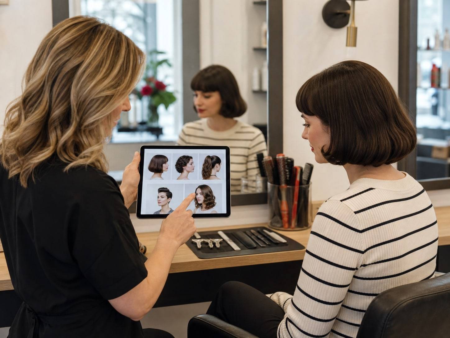 Stylist comparing modern 50s hairstyle directions in a salon consultation
