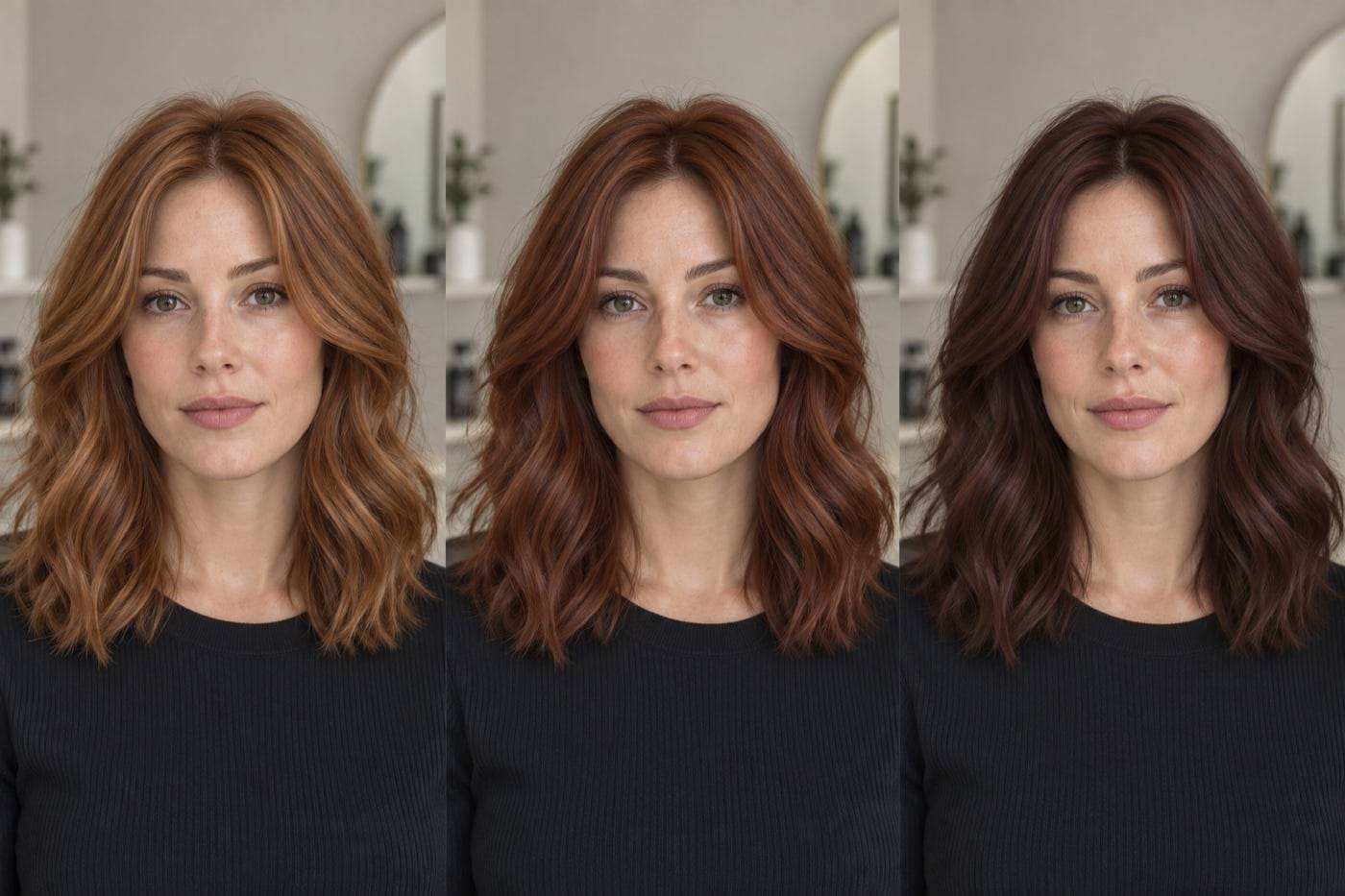 Three auburn hair color directions shown from lighter golden auburn to classic and deep auburn