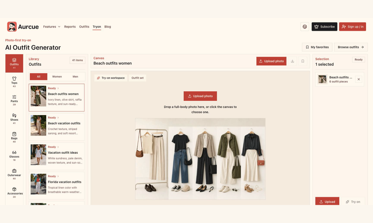 Aurcue AI Outfit Generator with outfit and item categories beside a photo-first try-on canvas