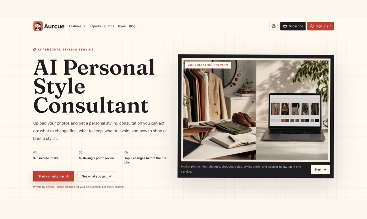 Aurcue AI Personal Style Consultant page showing its intake and action-plan workflow