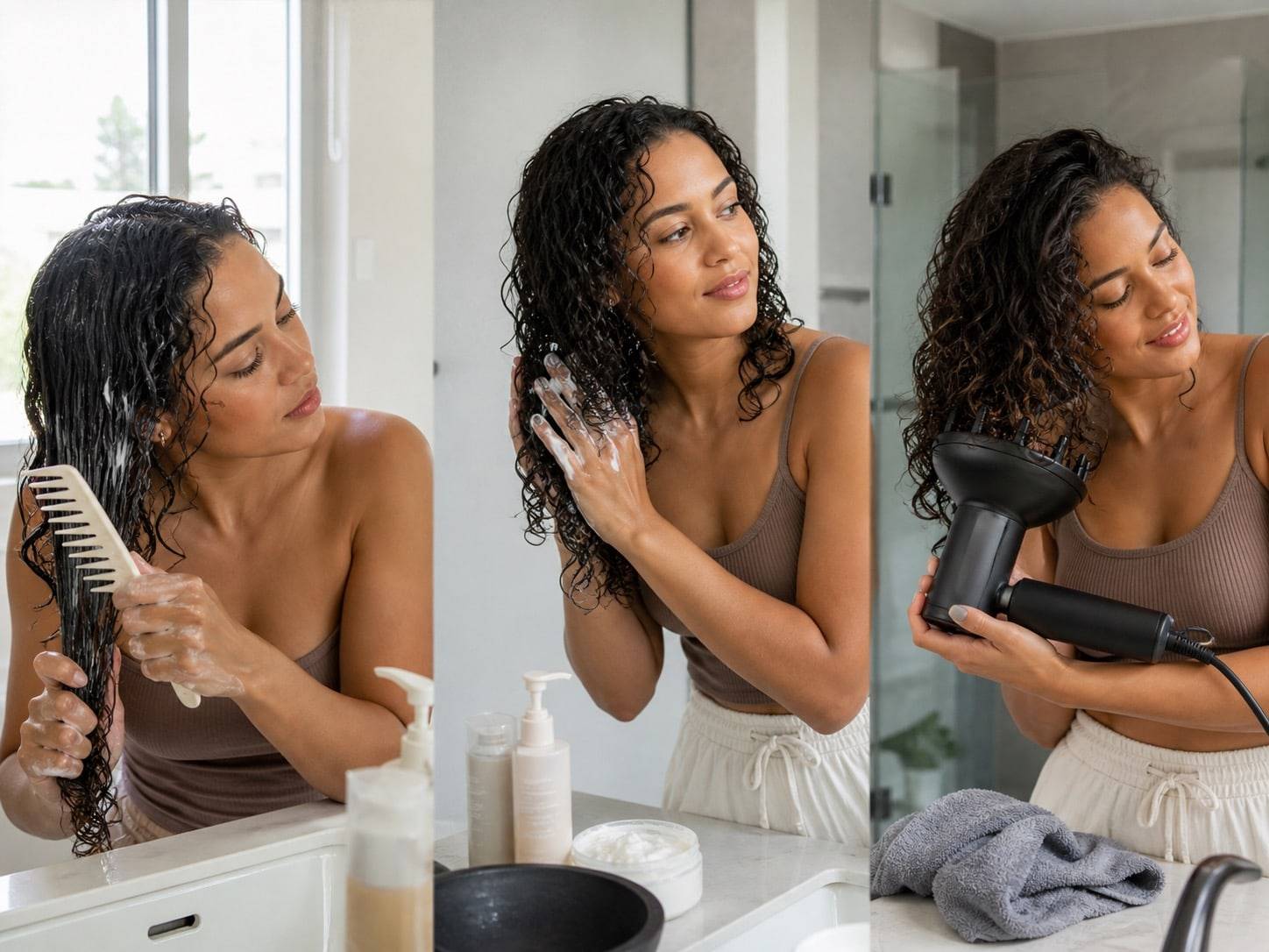 Curly hair wash day showing detangling, styling product application, and diffusing