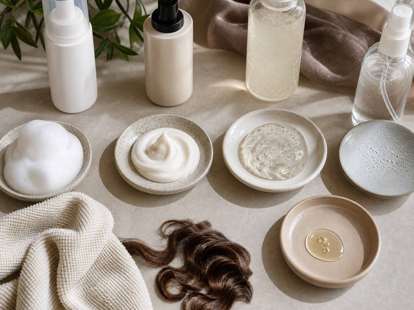 Curly product texture comparison with mousse, cream, gel, leave-in spray, and finishing oil