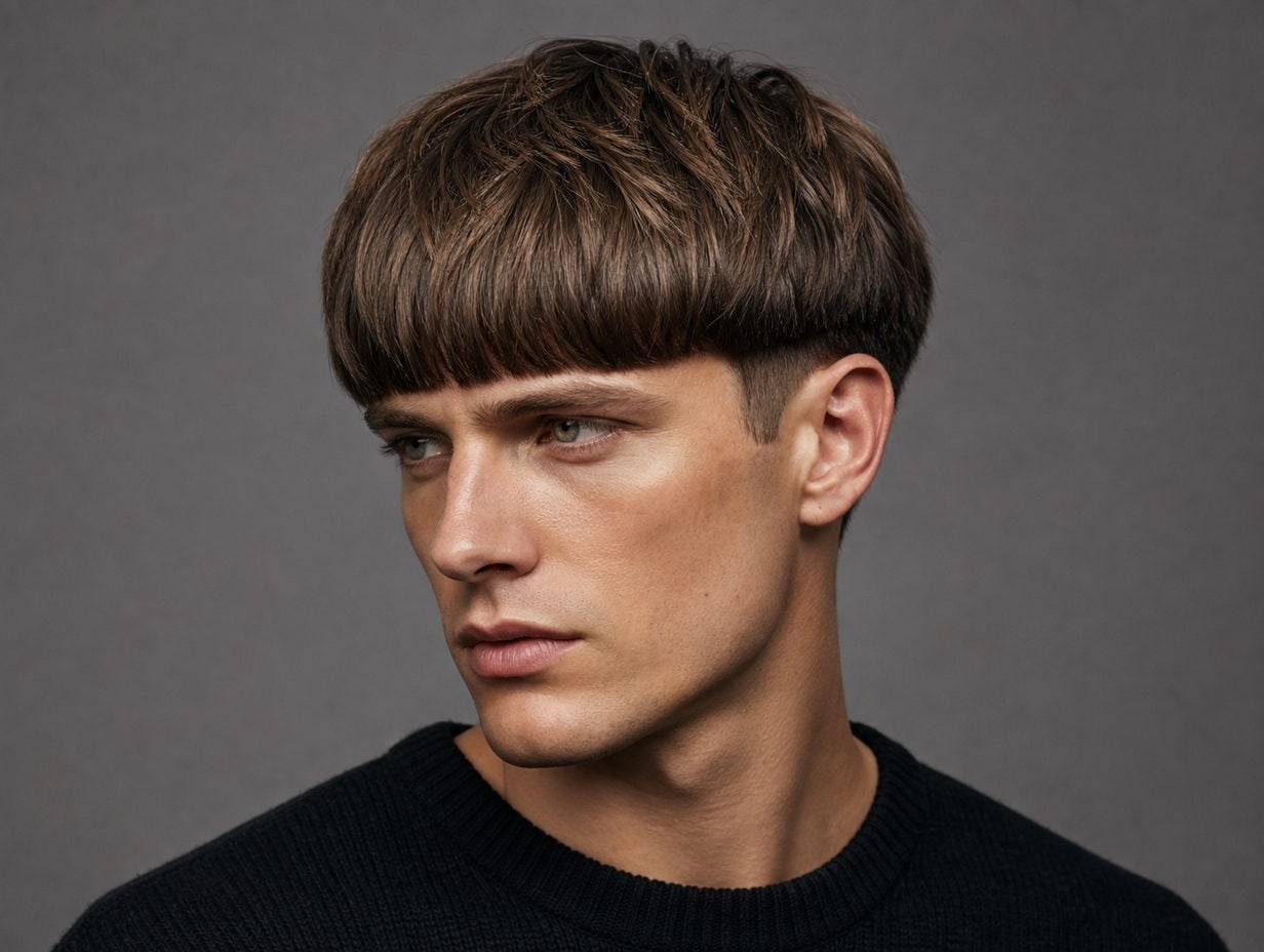 A man with a new wave bowl cut, textured fringe, clean tapered edge, 1980s inspired