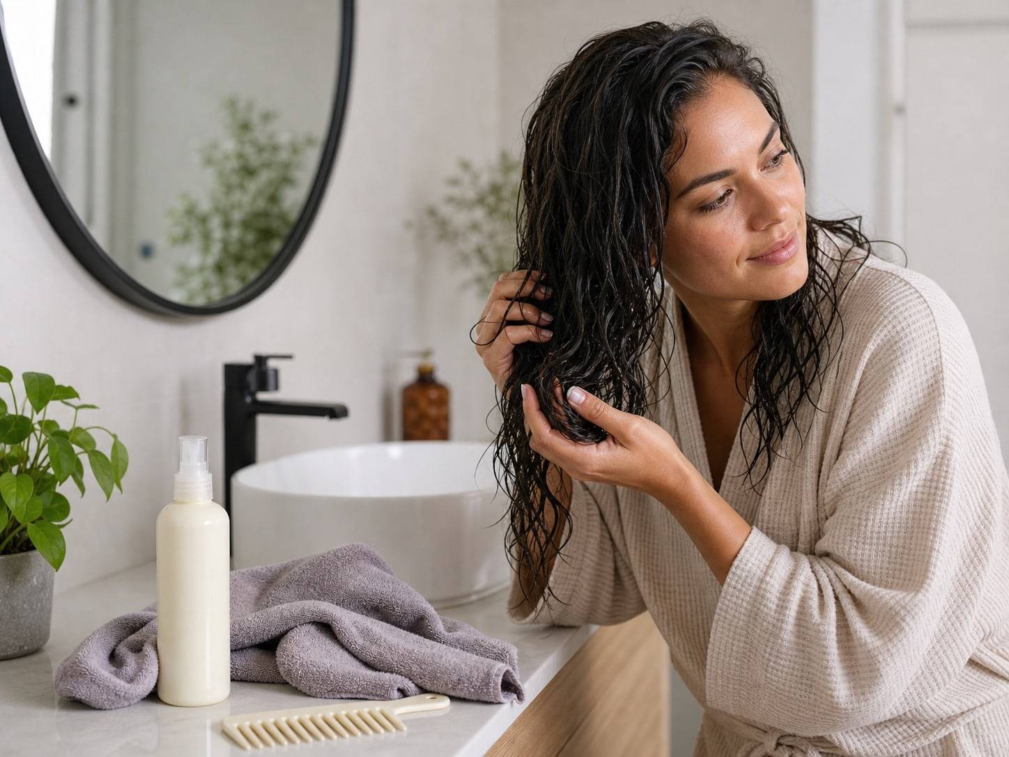 A wash-day setup for frizzy hair with damp waves, microfiber towel, wide-tooth comb, and leave-in conditioner