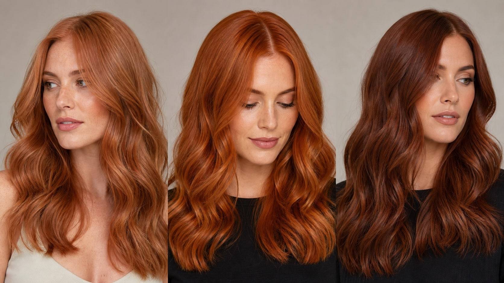 Salon comparison of soft, true, and auburn copper hair shade options
