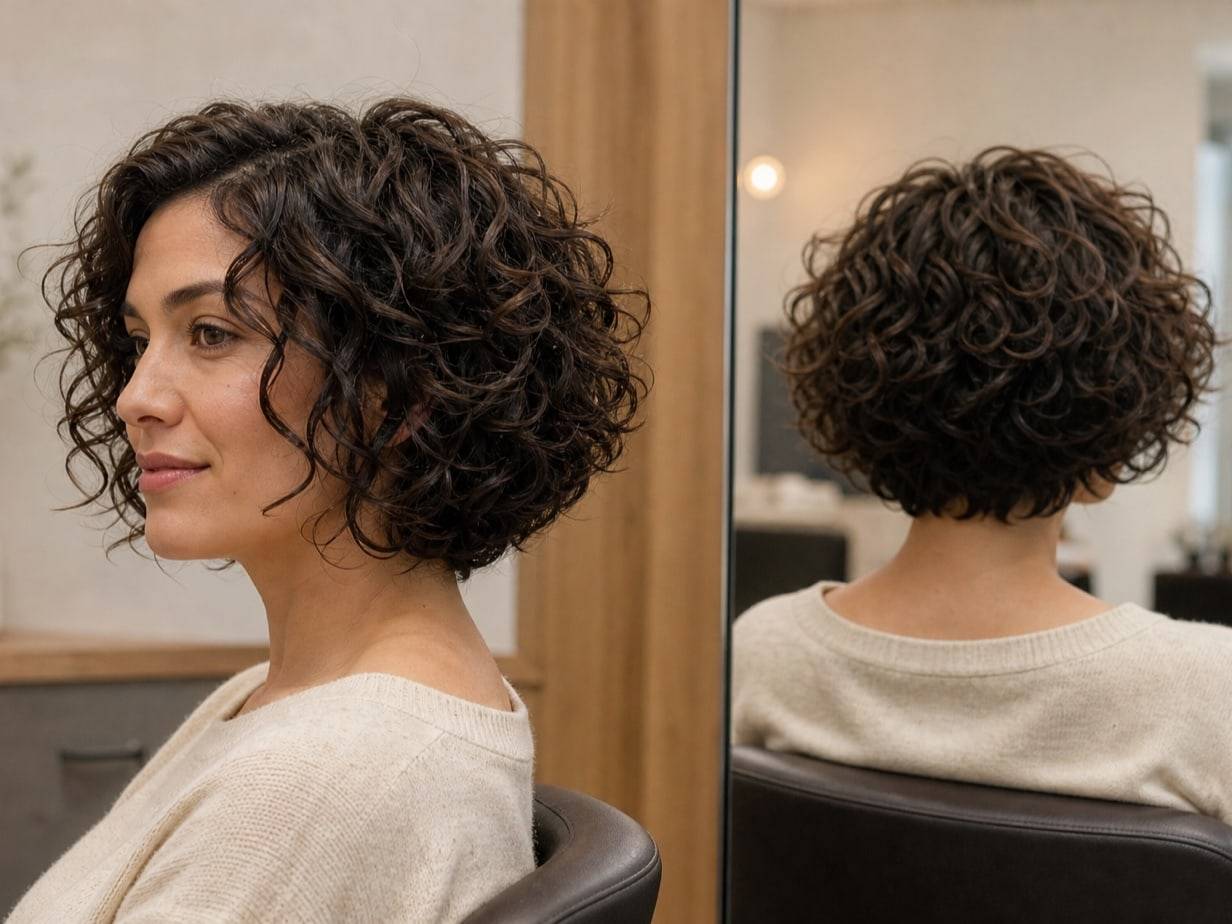 Side and back views of a layered curly bob showing the dry outline and nape length