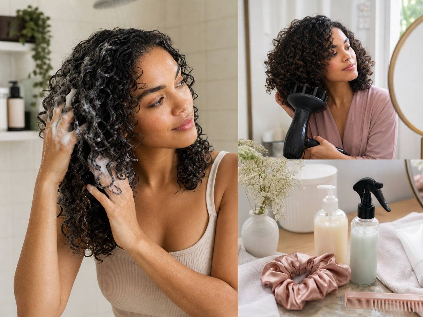 Curly hair wash day with cleansing, diffuser drying, refresh spray, and satin scrunchie