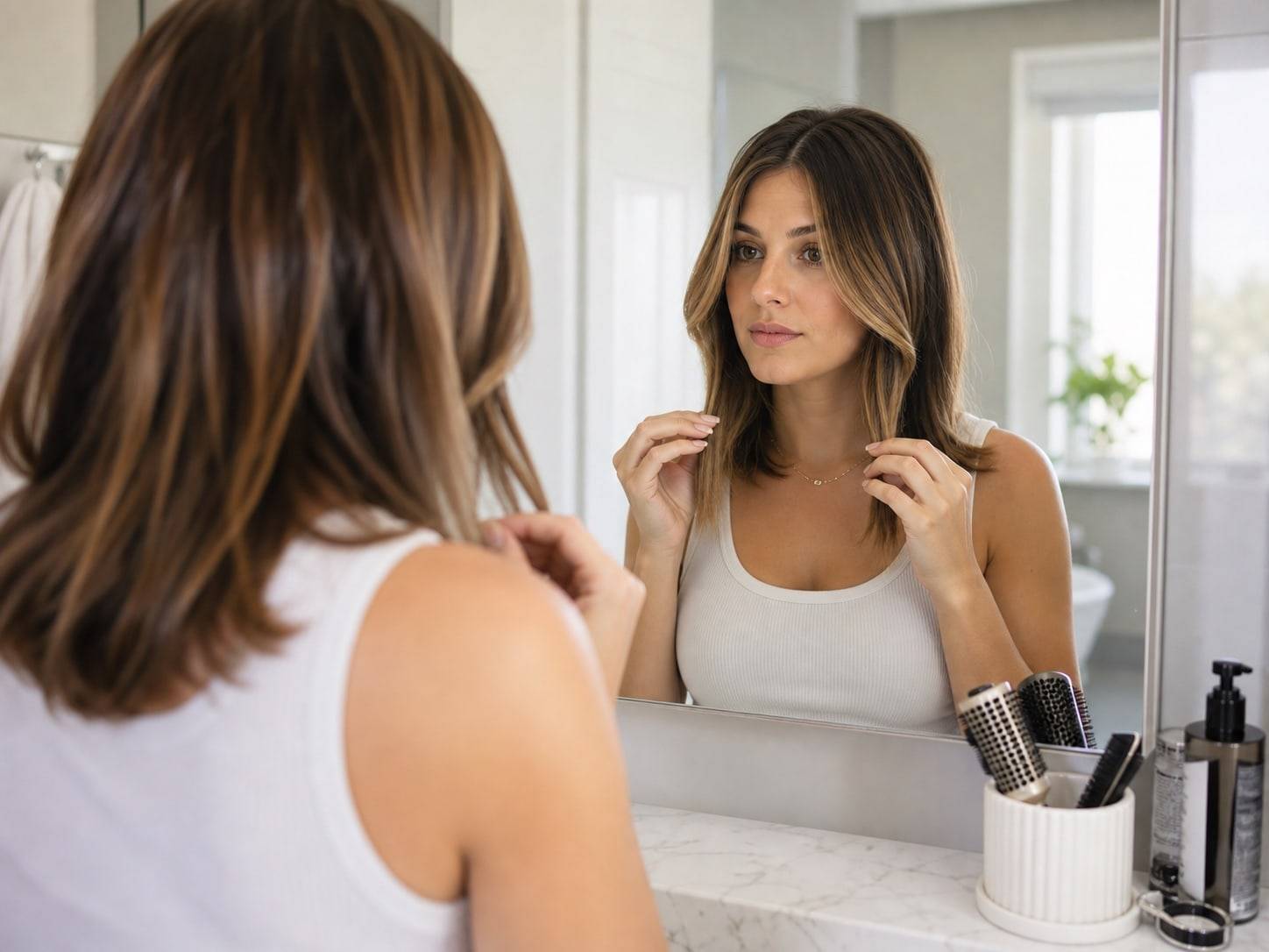 Comparison board for checking face-framing layer length before a salon appointment