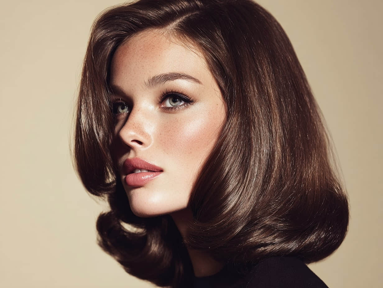 a woman with shoulder-length hair with flipped ends, smooth top, glossy finish, 1960s inspired