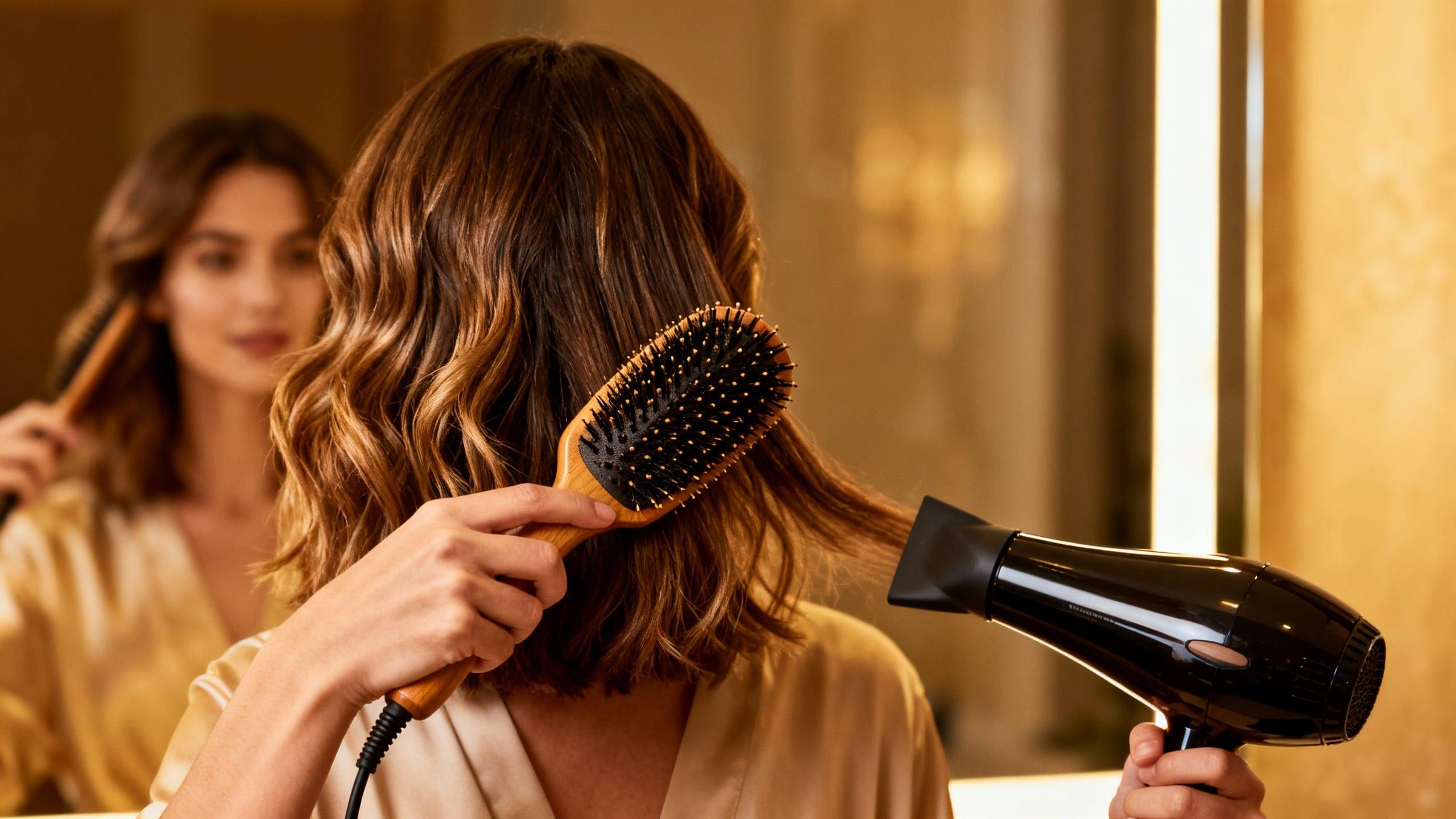 person using a round brush while blow-drying for volume