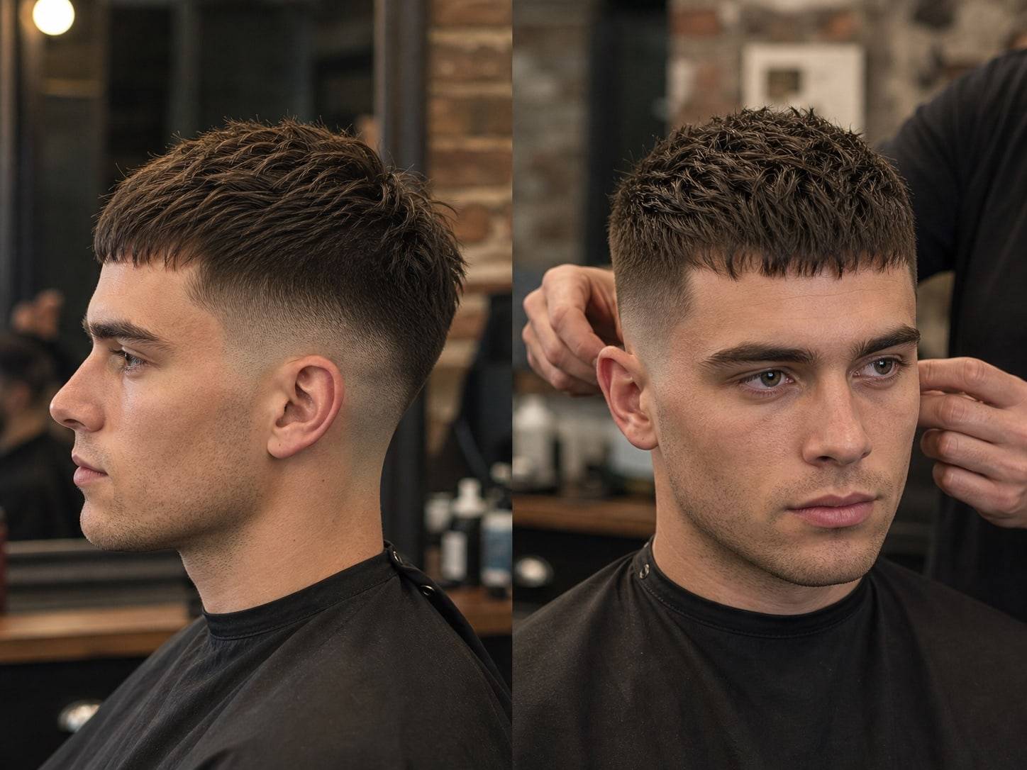 Barber checking French crop side and front angles with textured top and clean fade