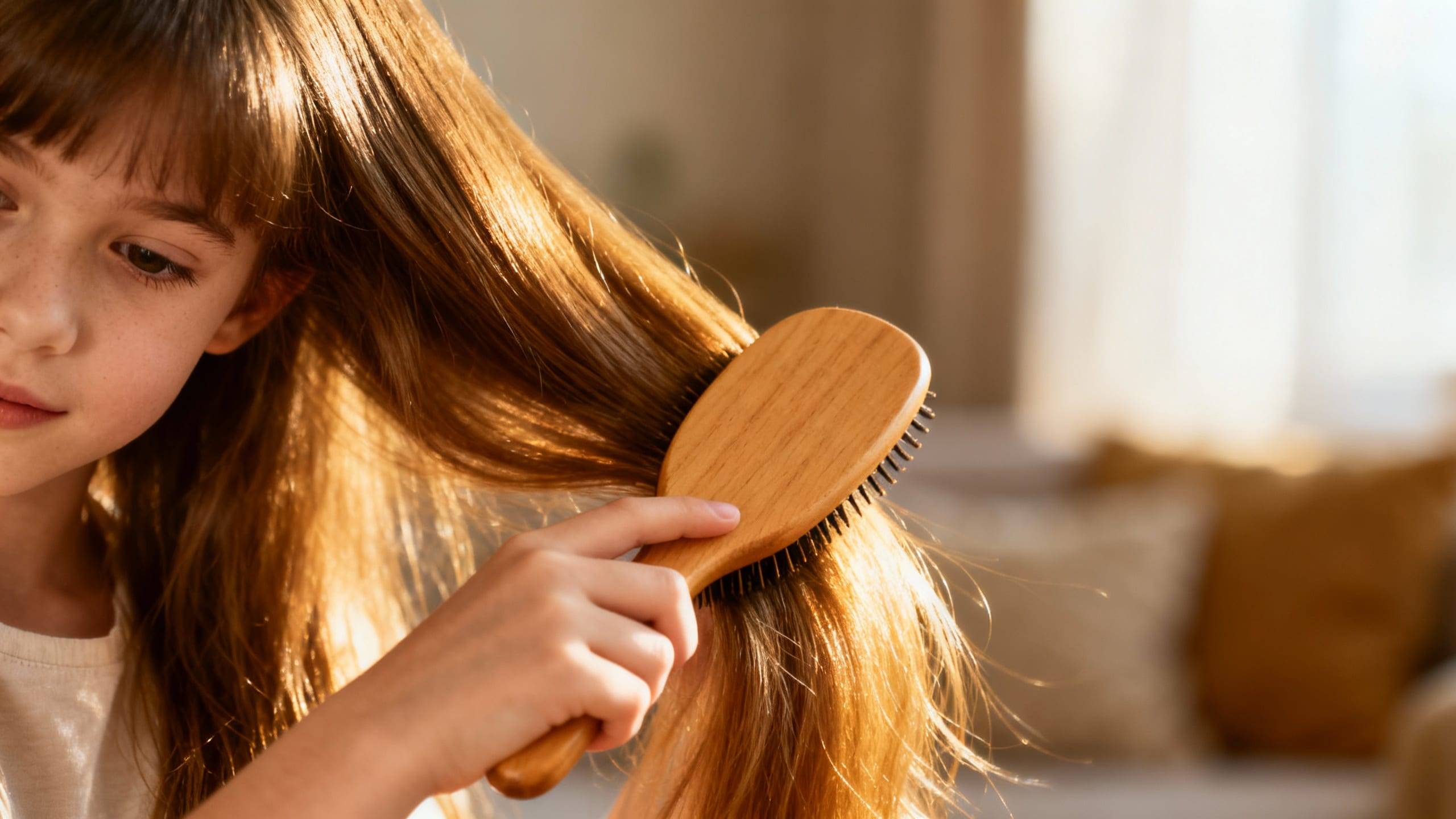 girl brushing her long, healthy hair
