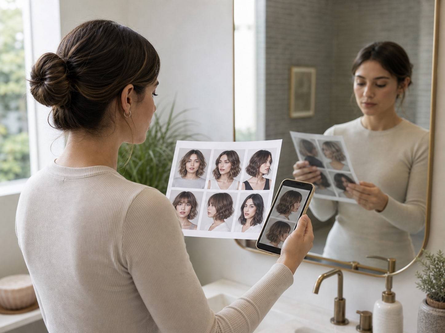 A person compares haircut reference images while checking face shape in a mirror before choosing a cut