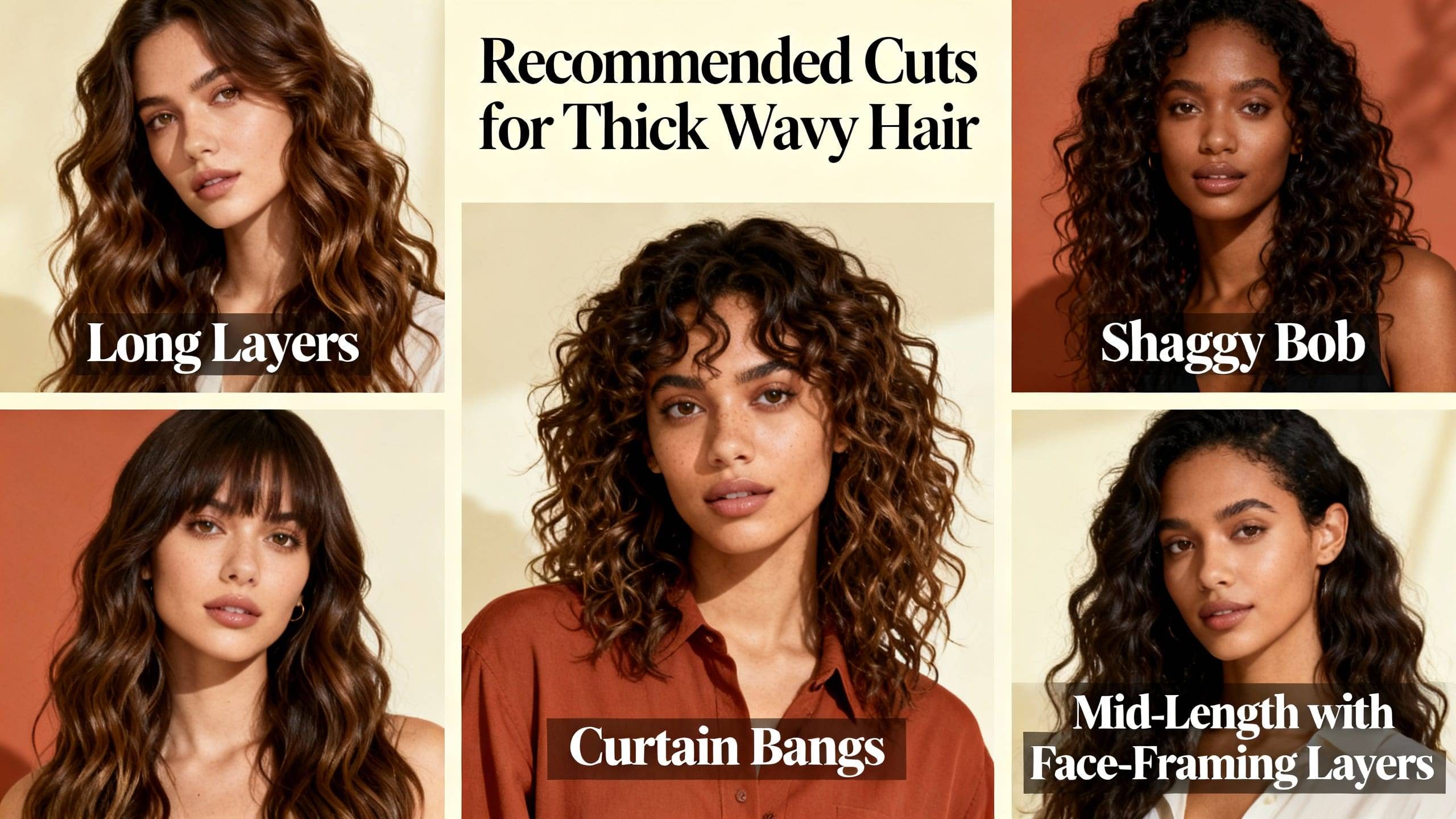 mood board of diverse models with thick wavy hair showcasing various recommended cuts