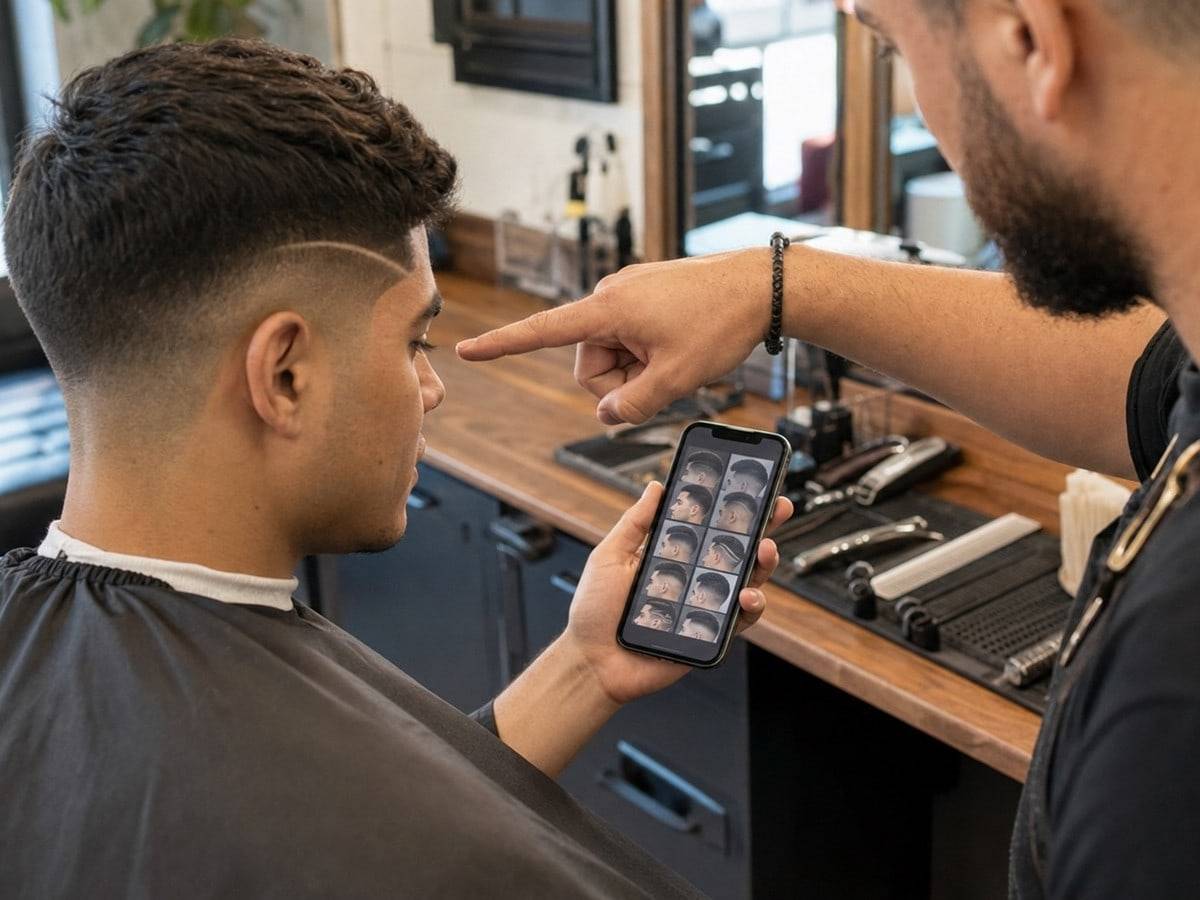 Barber consultation for line placement before the haircut