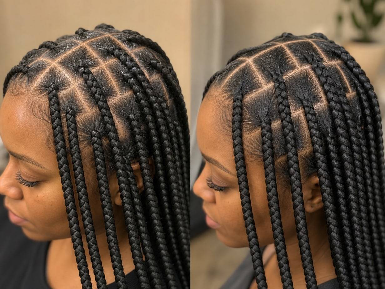 Close comparison of a structured box braid root and a flatter feed-in braid root