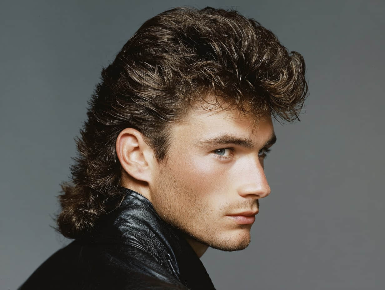A man with a modern 80s mullet haircut, tapered sides, textured back, natural matte finish