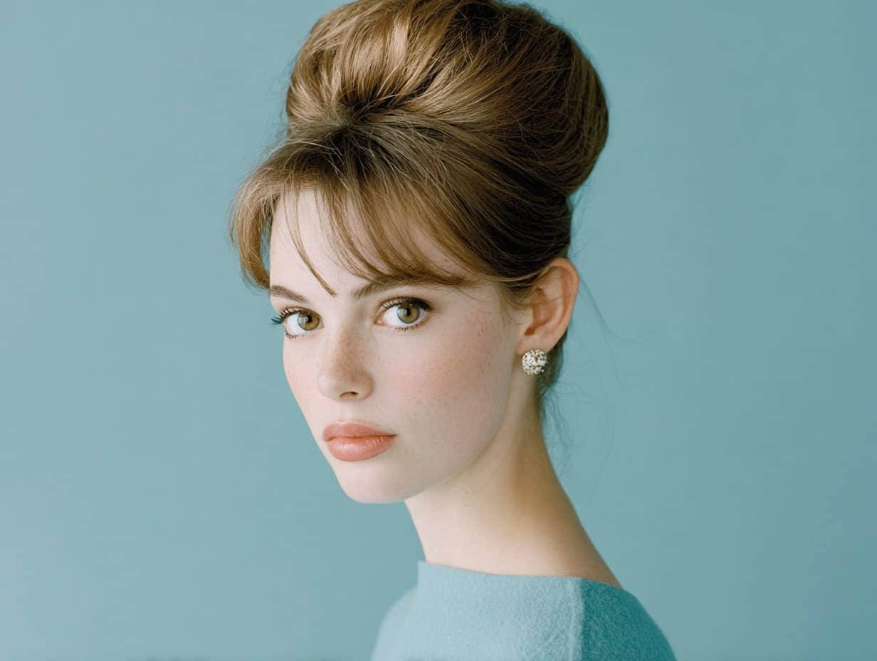 a woman with a modern beehive low bouffant updo, soft texture, 1960s inspired, no hard hairspray