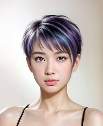 Blue-purple pixie crop preview for testing a bold short haircut