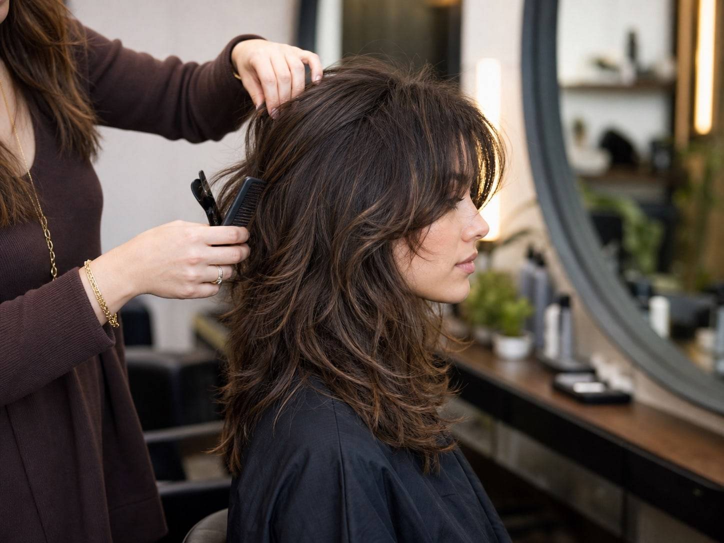 Side view of a textured shag haircut with layered movement during a salon consultation