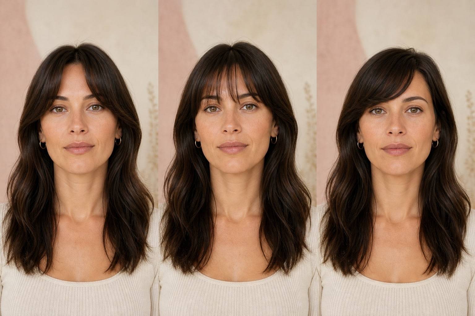 Illustrative comparison of curtain, wispy, and side-swept bangs on the same model