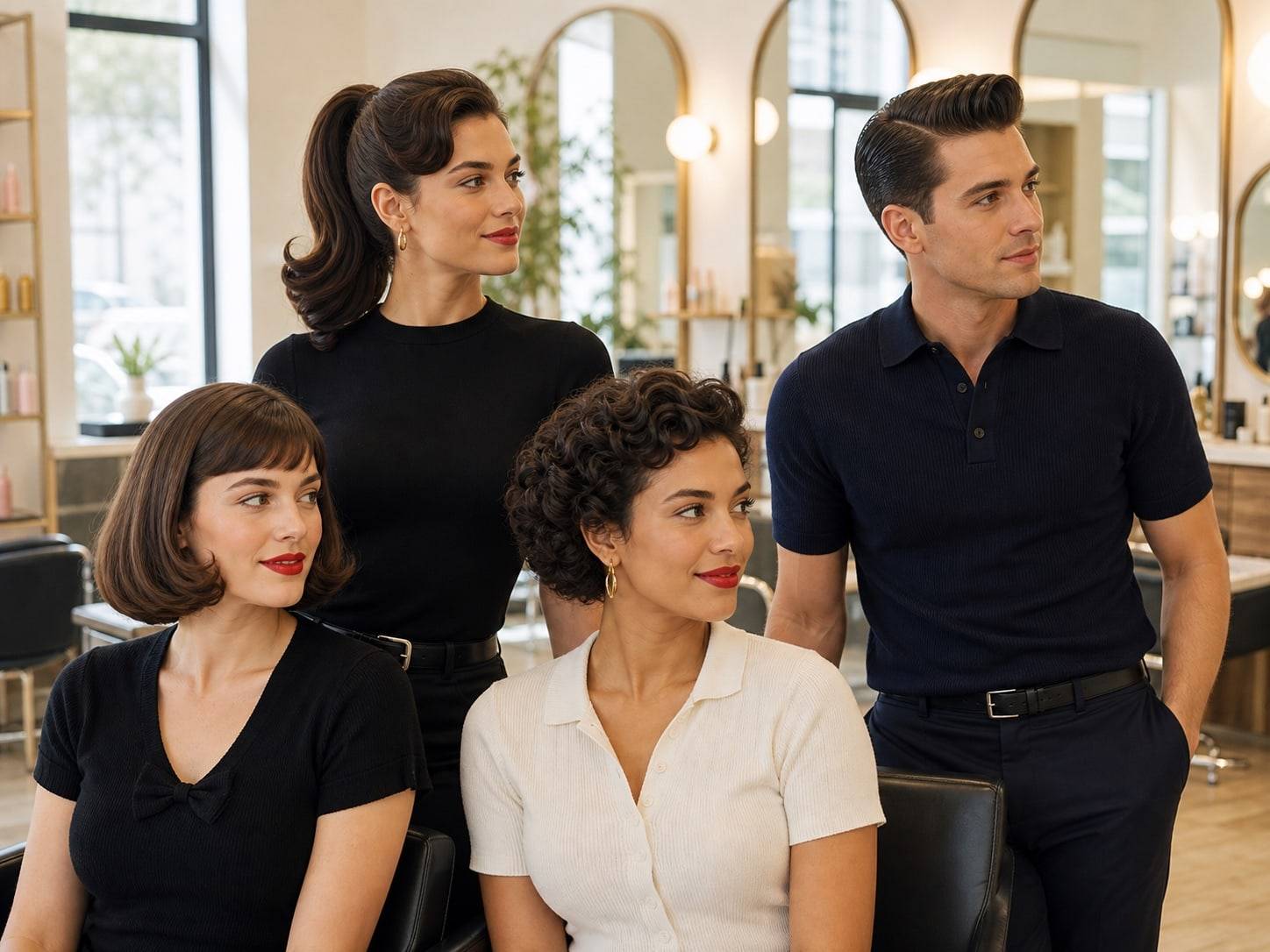 Group of modern salon clients wearing curled bobs, ponytail curls, and polished retro shapes