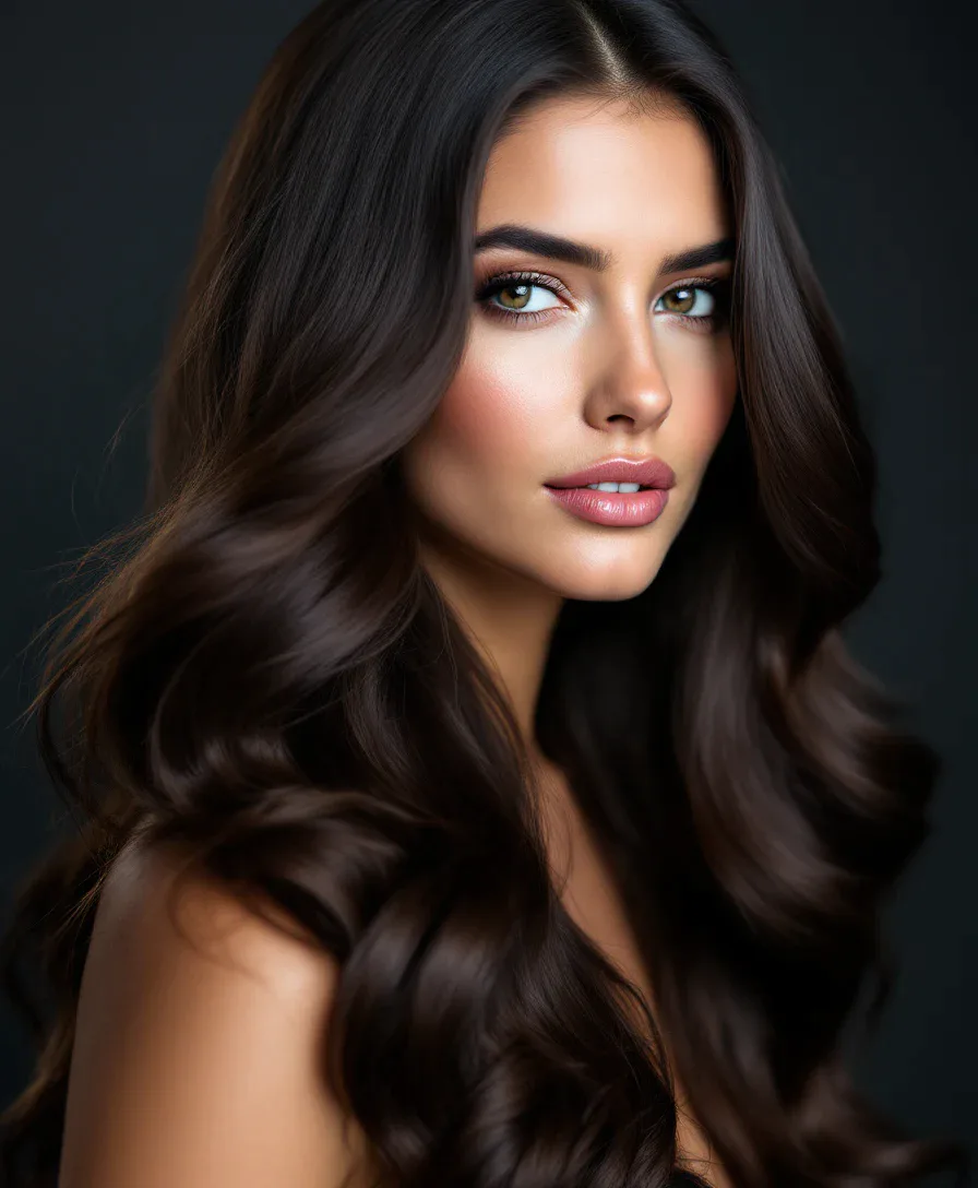 Woman with long wavy hair being analyzed by HairWow AI hair analysis