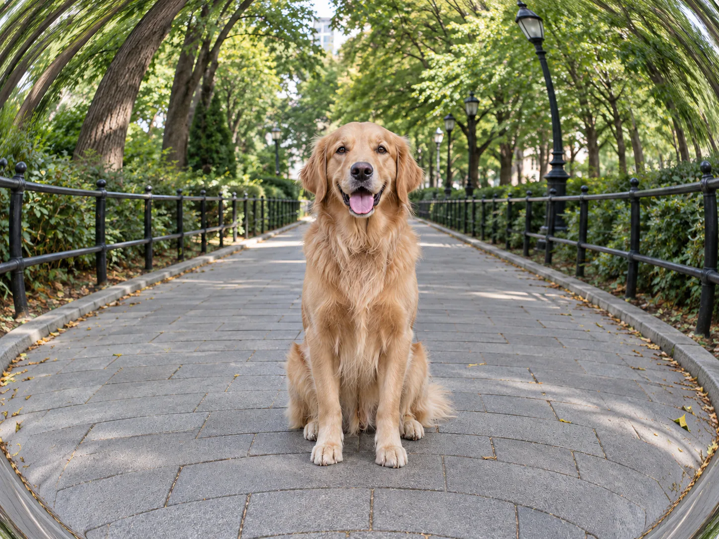 Playful pet portraits: Curve the surroundings around a centered dog.