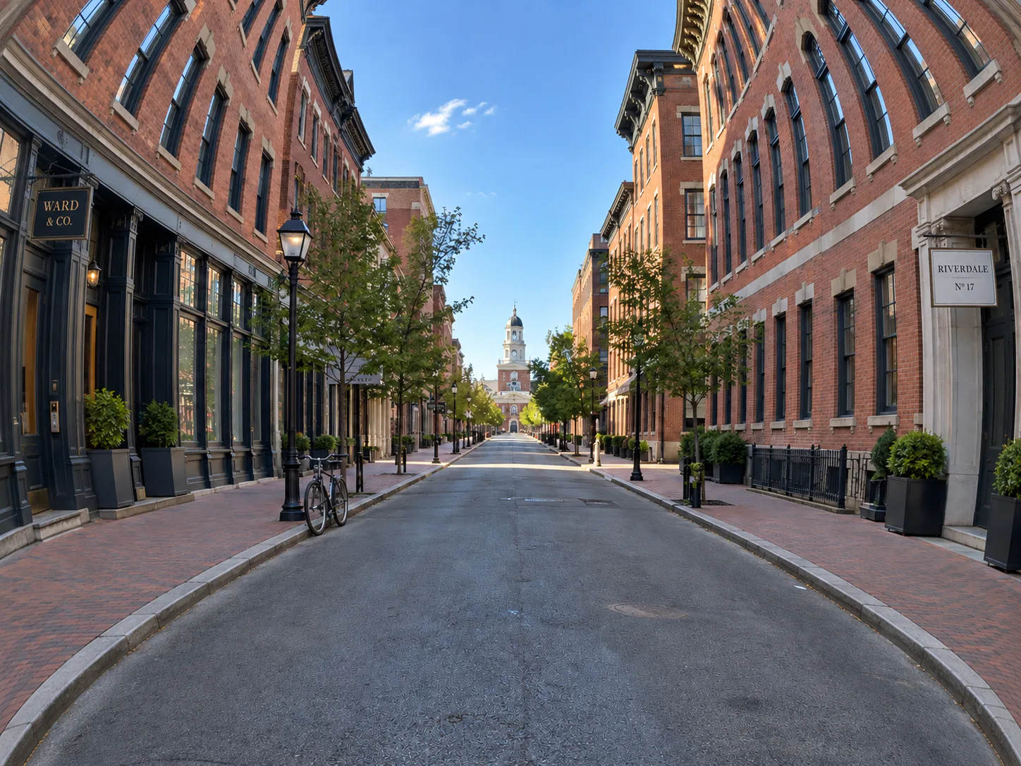 Street perspectives: Curve building edges and pavement around the center.
