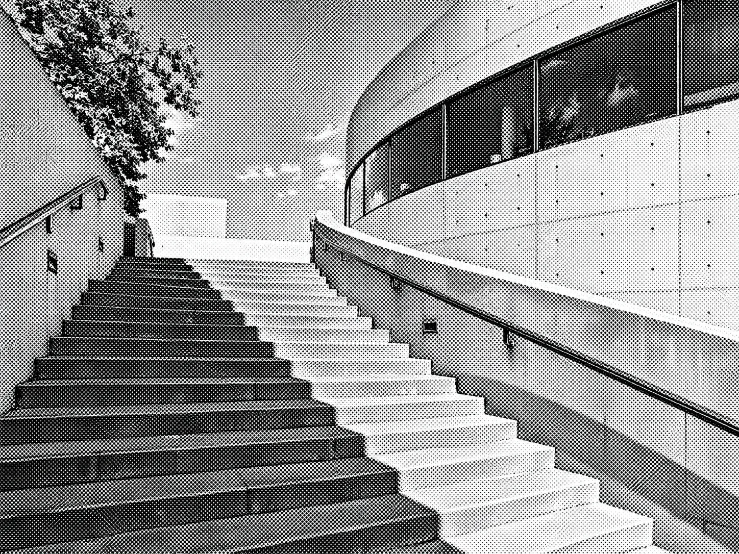 Architektur und Licht: Stelle Beton und diagonale Schatten als Punktraster dar.