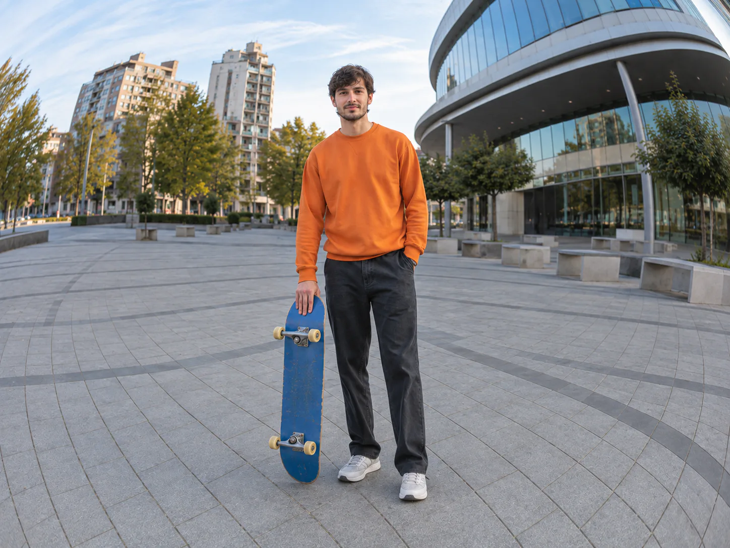 The same skateboarder with curved fisheye plaza geometry