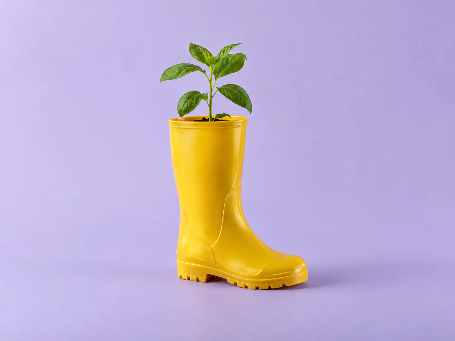 Stivale giallo usato come vaso con foglie verdi su sfondo lavanda