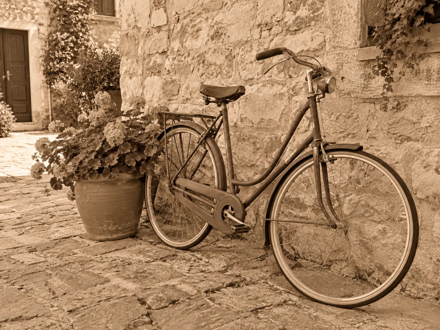La misma bicicleta y el muro con tonos sepia cálidos